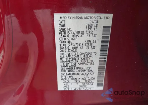 2009 Nissan Armada Se from USA, damaged, VIN 5N1BA08D89N604257
